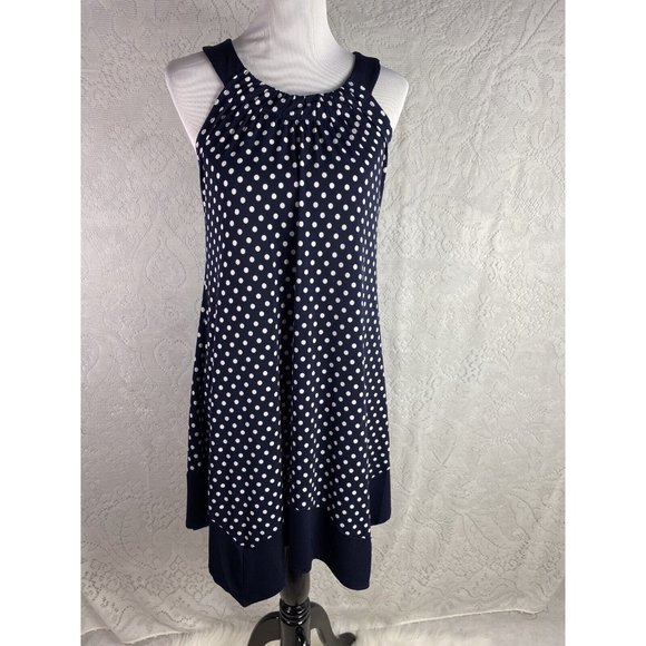 Navy Blue White Polka Dot Women's Dress Size 4 Sleeveless Career En Focus Studio - Picture 1 of 8